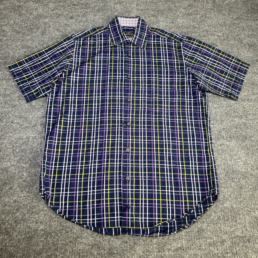 Bugatchi Uomo Purple Green Plaid Shirt Mens S Short Sleeve Button Up Flip Cuff